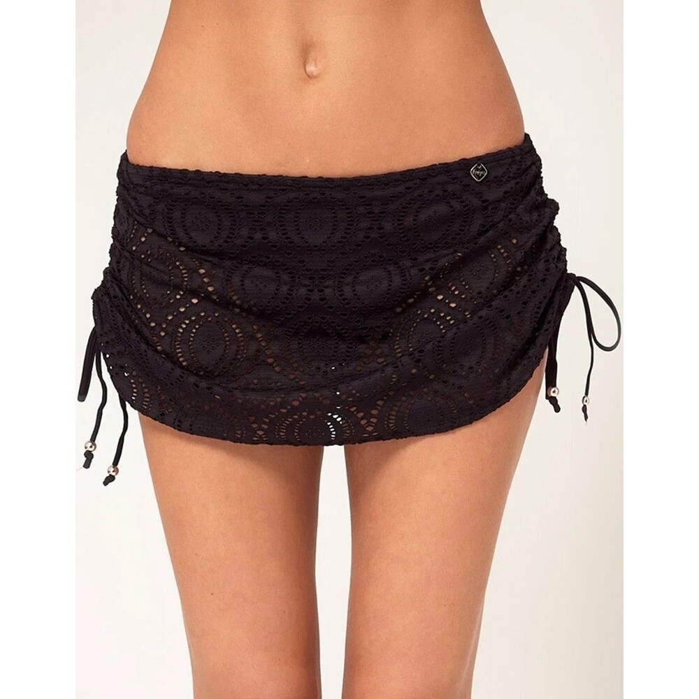 Freya Cha Cha Black Crochet Skirted Bikini Bottom w Adjustable Sides Size M